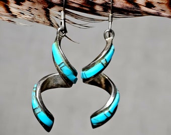 Zuni Vintage Inlay Spiral Turquoise Earrings Sterling Old Pawn