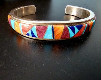 Zuni Cluster Inlay Multistone Vintage Native Cuff fits 6 1/2" wrist JB 216