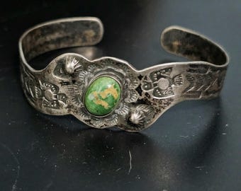 Unusual Harvey Era Cerrillos Turquoise Vintage Silver Native Cuff Bracelet. 6 1/4" wrist. JB 138