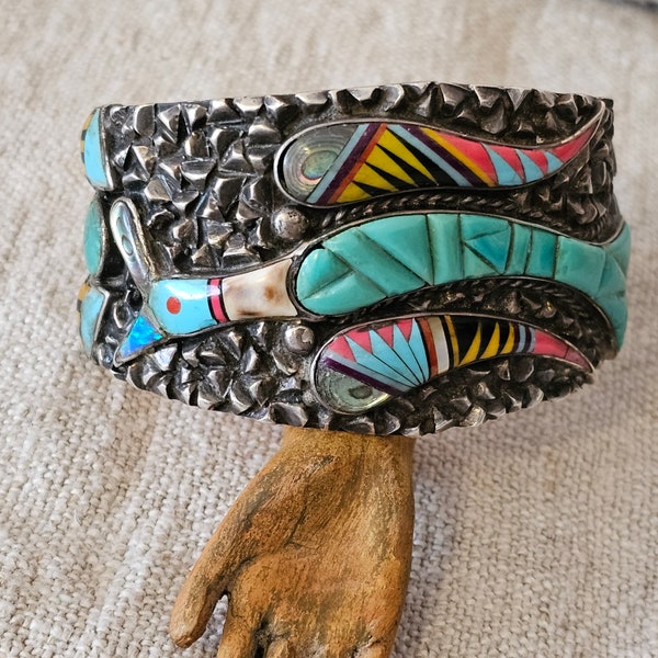 Big Bold Beautiful Inlay Peyote Bird Zuni Silver Bracelet Native American Cuff Old Pawn