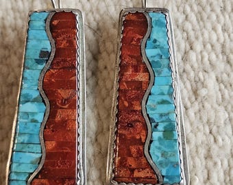 Zuni Turquoise & Coral Inlay Native Earrings Old Pawn 2 1/2"  JE 277
