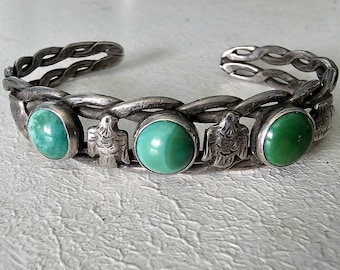 1930s Thunderbird Green Turquoise Sterling Native  Vintage Cuff JB 258  6 3/4" wrist