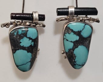 Unique Artisan Made Vintage Silver Turquoise Earrings Native Old Pawn. # JE 612