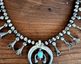 Vintage Blue Turquoise Squash Blossom Necklace: Old Pawn Sterling Silver, c1950s JN 645