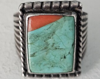 Big Green Turquoise & Coral Zuni Inlay Silver Ring Vintage Sterling Man Ring Size 13 Old Pawn JR 200