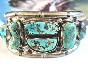 Vintage Turquoise Cuff Bracelet, Native American Sterling Silver (7.25" wrist)
