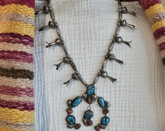 C 1940s Simplicio Style Squash Blossom Turquoise & Coral Native Sterling Necklace  Old Pawn  JN 625