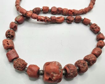 Natural Mediterranean Coral with Silver Beads Vintage Native Necklace Old Pawn JN 617