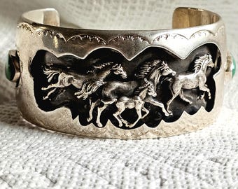 3 D Horses Vintage Silver & Turquoise Cuff Old Pawn Size 7". JB 48