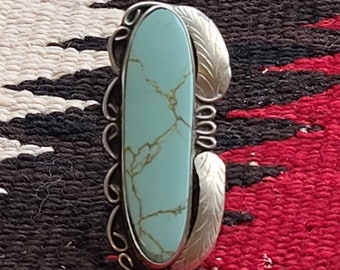 Long Narrow Vintage Native Nevada Turquoise Statement Ring Size 7 2/2 Old Pawn