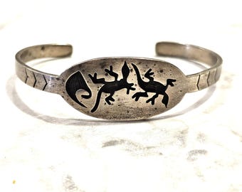 Lizards Vintage Cuff Native Sterling Old Pawn fits 7" wrist  JB 199