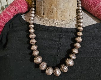 1940s Graduated 23" Navajo Pearls Silver Beads  Native Vintage Necklace  Old Pawn  JN 863