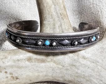 1940s Vintage Turquoise & Silver Raindrops Native Cuff Bracelet Old Pawn  6 3/4" wrist. JB 235