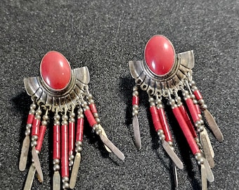 Red Dangley Silver Vintage Earrings JE 645