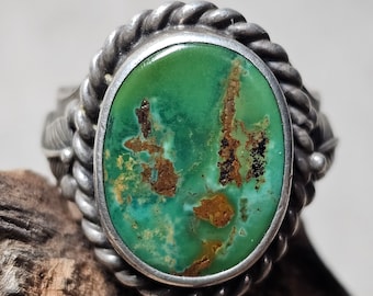 Green Turquoise Cast Silver Vintage Navajo Man Ring Size 12 1/2 Old Pawn