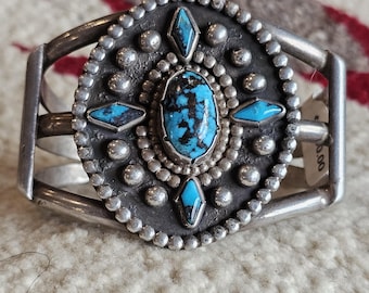 1940s Bisbee Turquoise Vintage Native Sterling Cuff fits 6 1/2" wrist. JB 160