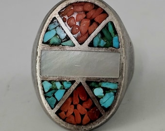 Zuni Inlay Red White Blue Cast Silver Ring Vintage Sterling Size 10 1/2 JR 237