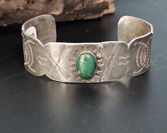 Vintage Cerrillos Turquoise Silver Cuff Bracelet: Native Thunderbird Jewelry 6 3/4"  JB 177