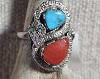 Snake Effie Type Vintage Native Turquoise & Coral Size 8 Old Pawn  JR 755