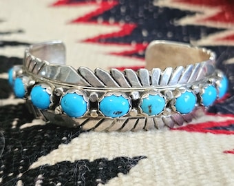 Vintage 11 Turquoise Sterling Cuff Bracelet, Native Old Pawn size 6 3/4" JB 303