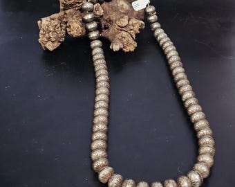 Long Vintage Navajo Pearls Punch Decorated Necklace Old Pawn Sterling. 26" JN 745