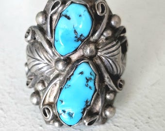 2 Good Blue Turquoise Fancy Silverwork Vintage Silver Ring Size 11 Old Pawn JR 660