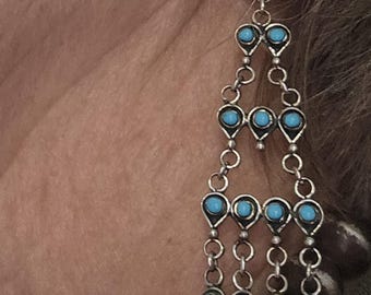 Long 3" Vintage Turquoise Zuni Raincloud Earrings Old Pawn JE 638