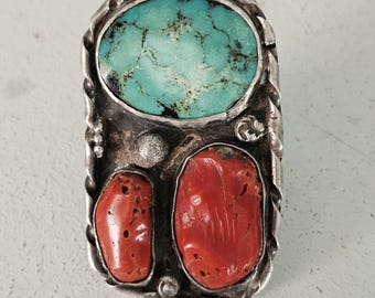Very Large Statement Turquoise & Coral Silver Ring - Size 9  - Old Pawn JR 372