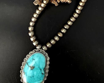 Vintage Necklace with Blue Turquoise Navajo Pearls Old Pawn Sterling. C1950s. JN 773