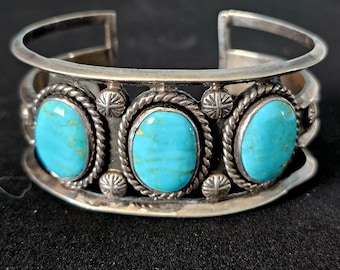 Vintage Turquoise Sterling Cuff Bracelet, Native Old Pawn size 6 1/2" JB 184