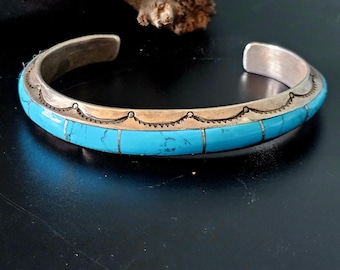 Vintage Sterling Silver Turquoise Cuff Bracelet: Native American Old Pawn, 9"  JB 175