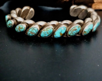 Heavy Twisted Silver and Turquoise Vintage Native Cuff Old Pawn fits 7" wrist. JB 910