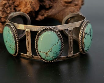 Vintage Turquoise Sterling Silver Cuff Bracelet, Native American Old Pawn