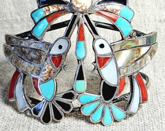 Humming Birds Zuni Inlay Sterling Silver Cuff Bracelet 6 3/4" wrist JB 316