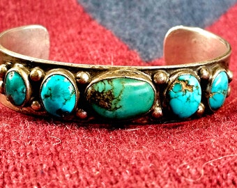 Early Row Bracelet Cuff Turquoise Stones Native American Old Pawn 7" wrist