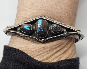 Bisbee Turquoise and Ingot Silver Native Cuff Bracelet Old Pawn Coin Silver. 7" wrist JB 883