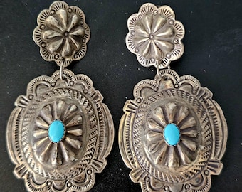 Silver Turquoise Concho Earrings Native Old Pawn. # JE 511