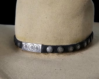 Vintage Sterling & Leather Native Hatband Old Pawn. JH 155