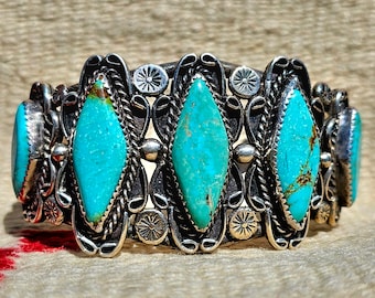 Five Big Turquoise Diamonds on this Fancy Vintage Zuni Silver Cuff Old Pawn Native American