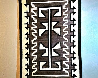 Two Grey Hills Whites and Blacks Navajo Rug C1970s Great Old Condition Handwoven Western Decor