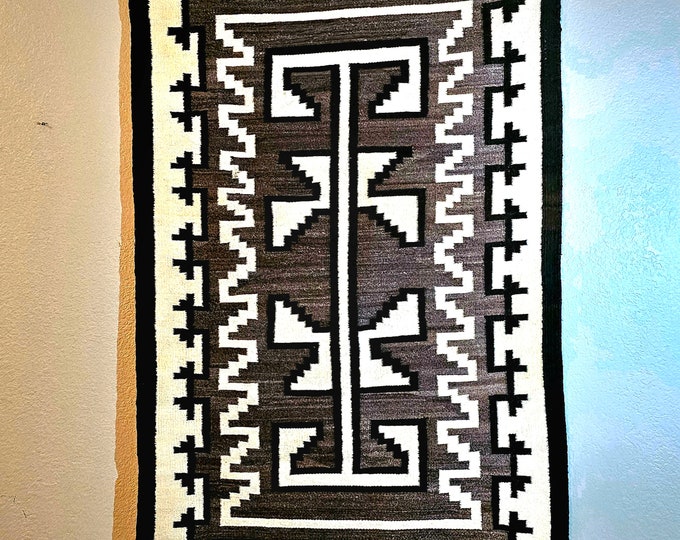 Featured listing image: Two Grey Hills Whites and Blacks Navajo Rug C1970s Great Old Condition Handwoven Western Decor