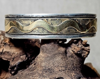 14K and Sterling Vintage Native Cuff Old Pawn fits 7 1/8" wrist JB 596