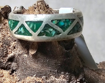 Zuni Turquoise Chip Inlay Native Band Ring Sterling Silver Size 6 Old Pawn