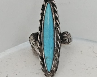 Elegant Long Blue Turquoise Vintage Sterling Band Old Pawn Size 6 1/2 JR 711