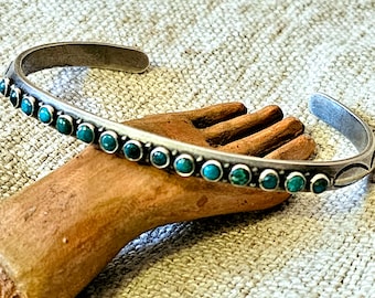 Carinated Harvey Era Stacker Cuff Cerillos Turquoise Sterling Native Made Vintage Old Pawn 6 1/2" wrist