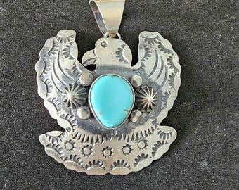 Big Thunderbird Turquoise Native Pendent Old Pawn Sterling # JPN 137