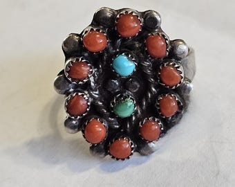 Zuni Snakeye Coral and Turquoise Silver Ring Vintage Sterling Size 6 1/2 JR 345