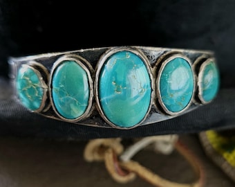 Incredible 5 Blue Turquoise on this Old Pawn Native Cuff Sterling fits 6 1/2" wrist. JB 906