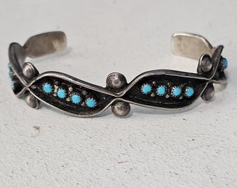 Zuni Shadowbox Stacker Cuff Turquoise Sterling Native Made Vintage Old Pawn 6 1/2" wrist JB 53