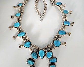 Blue Turquoise Vintage Squash Blossom Necklace Old Pawn Sterling JN 659